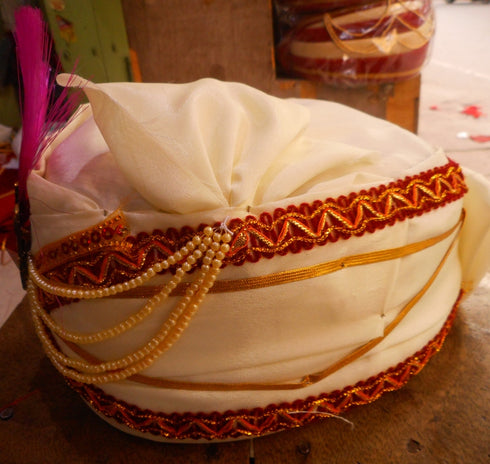 Cream Color Pagdi With  Pearls